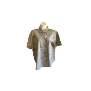 Teddi Petites Womens Button Up Shirt Gray Dog Print Short Sleeve Casual Top